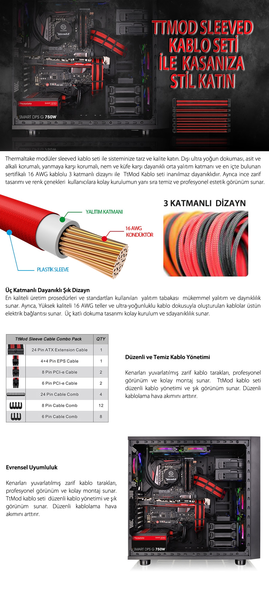 Thermaltake TtMod Kırmızı/Siyah Power Supply Sleeved Kablo Seti (16 AWG